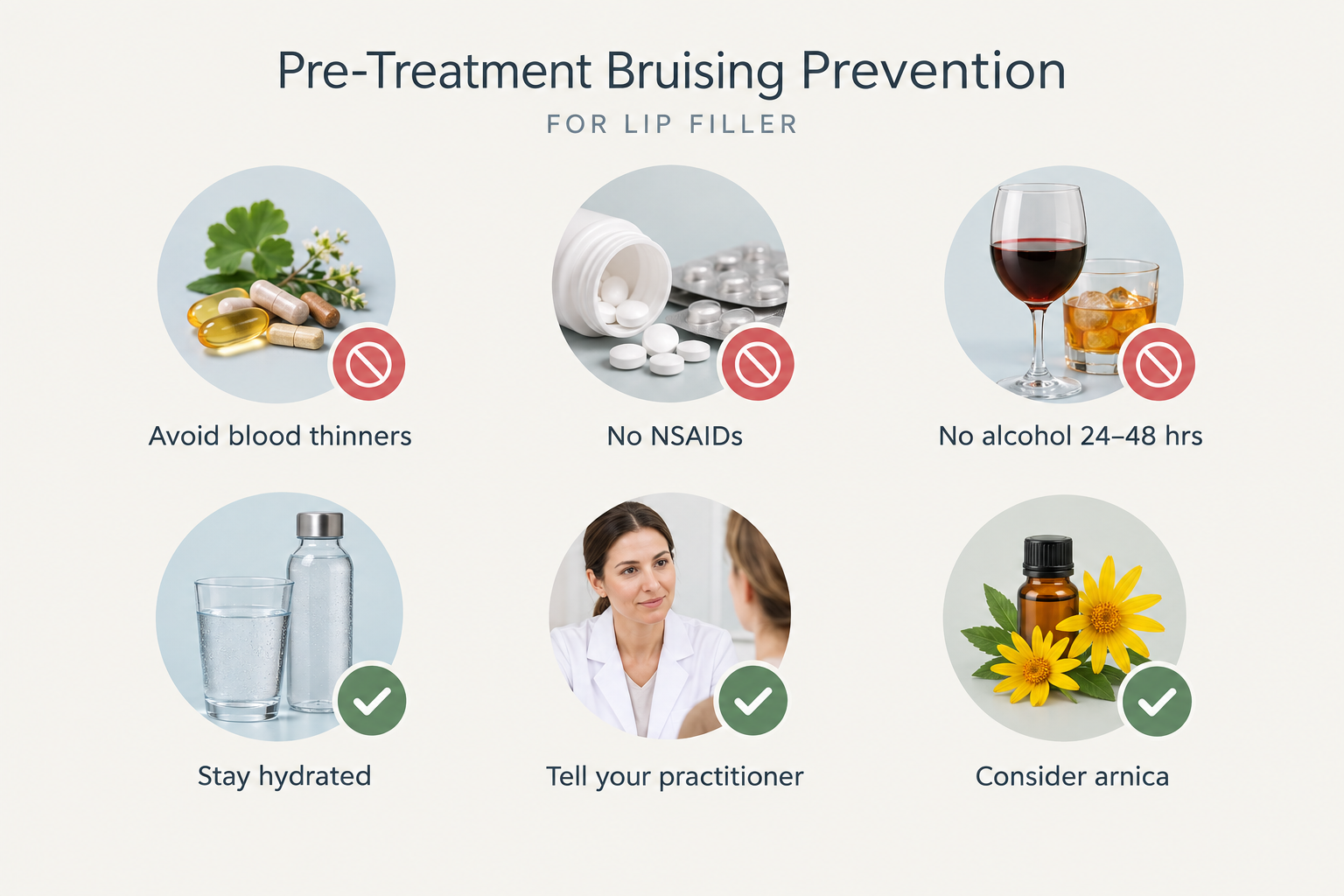 Infographic showing pre-treatment steps to reduce lip filler bruising risk