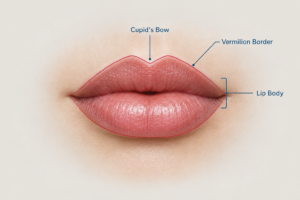 Medical illustration of lip anatomy showing vermilion border and Cupid's bow for lip filler