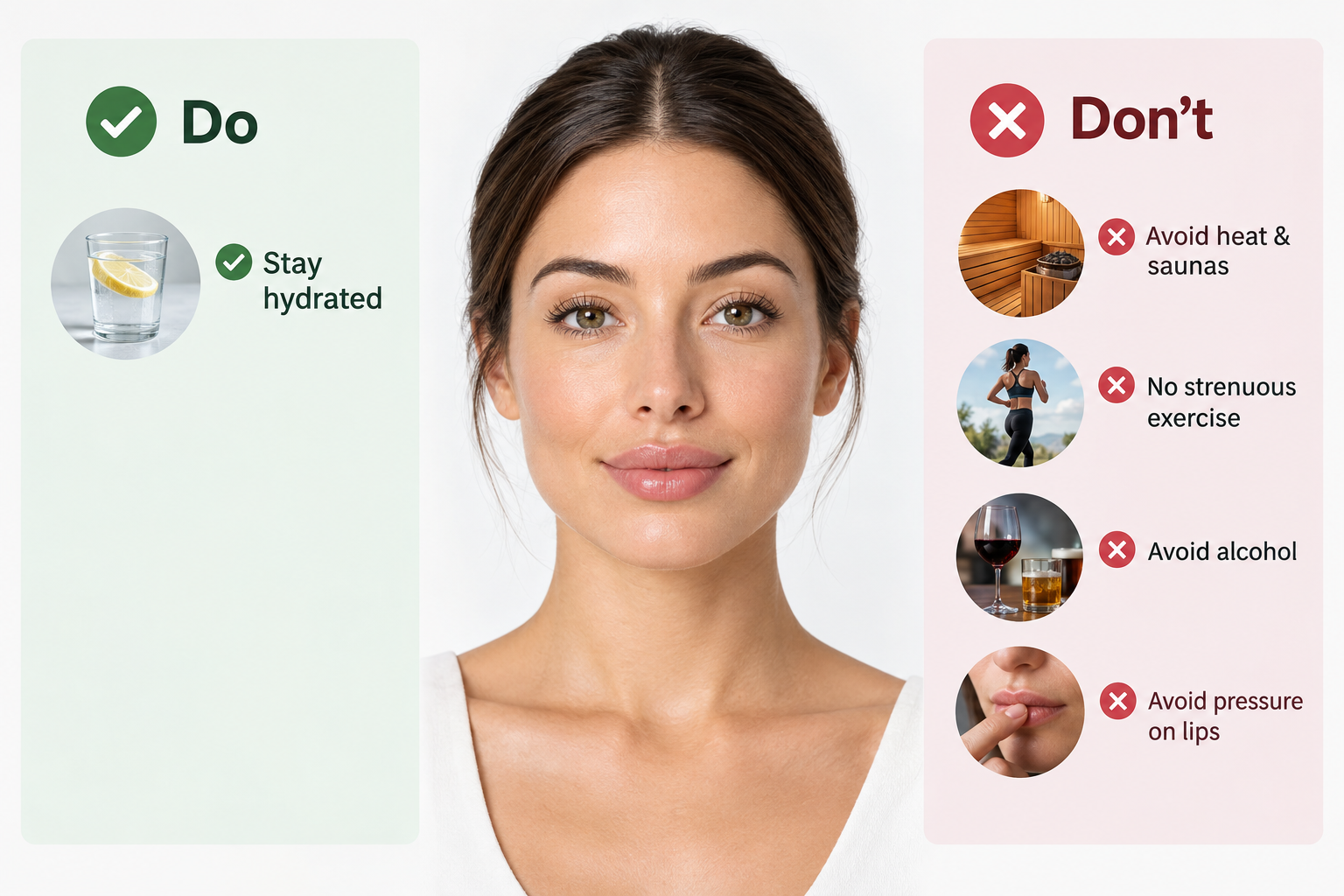 Lip filler aftercare infographic showing what to avoid and what helps recovery