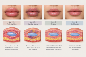 Lip filler healing process timeline showing recovery stages from day one to week four