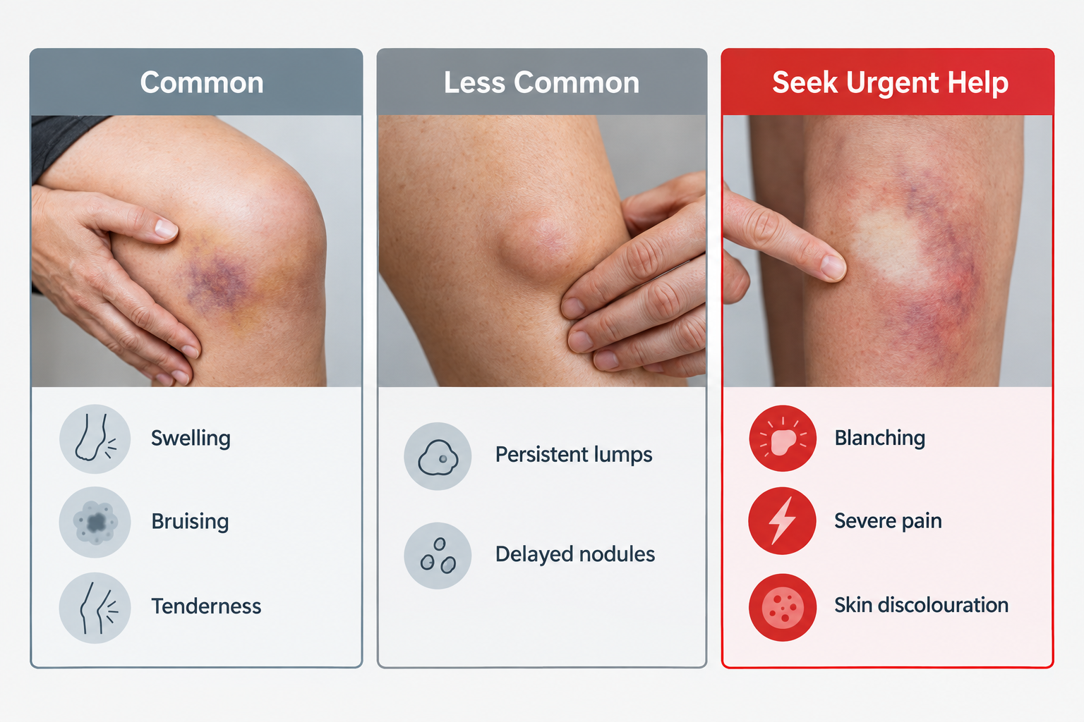 Lip filler side effects fact cards showing common, less common, and urgent warning signs