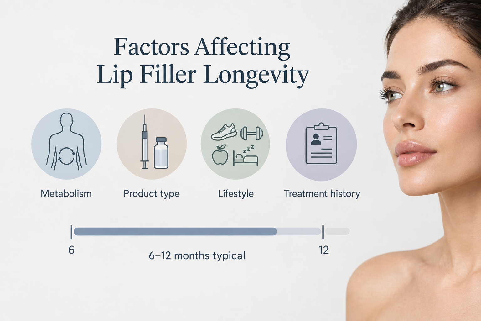 Infographic showing factors that affect how long lip filler lasts, including metabolism and