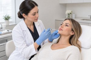 Qualified aesthetic practitioner preparing to administer lip filler in a London clinic