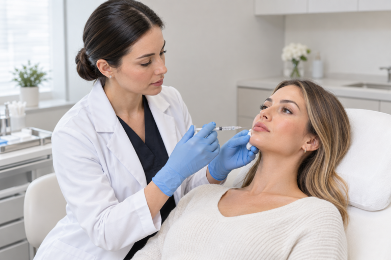 Qualified aesthetic practitioner preparing to administer lip filler in a London clinic