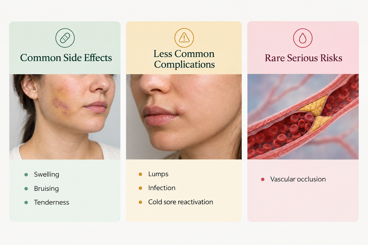 Fact cards summarising common, less common, and rare serious side effects of lip filler treatment