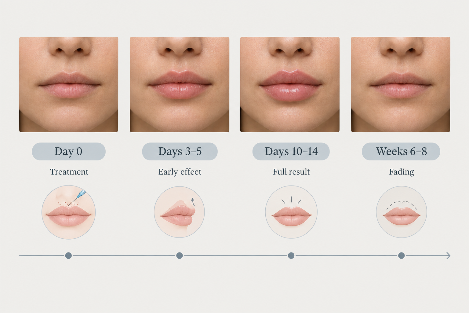Lip flip results timeline from treatment day to effect fading at six to eight weeks
