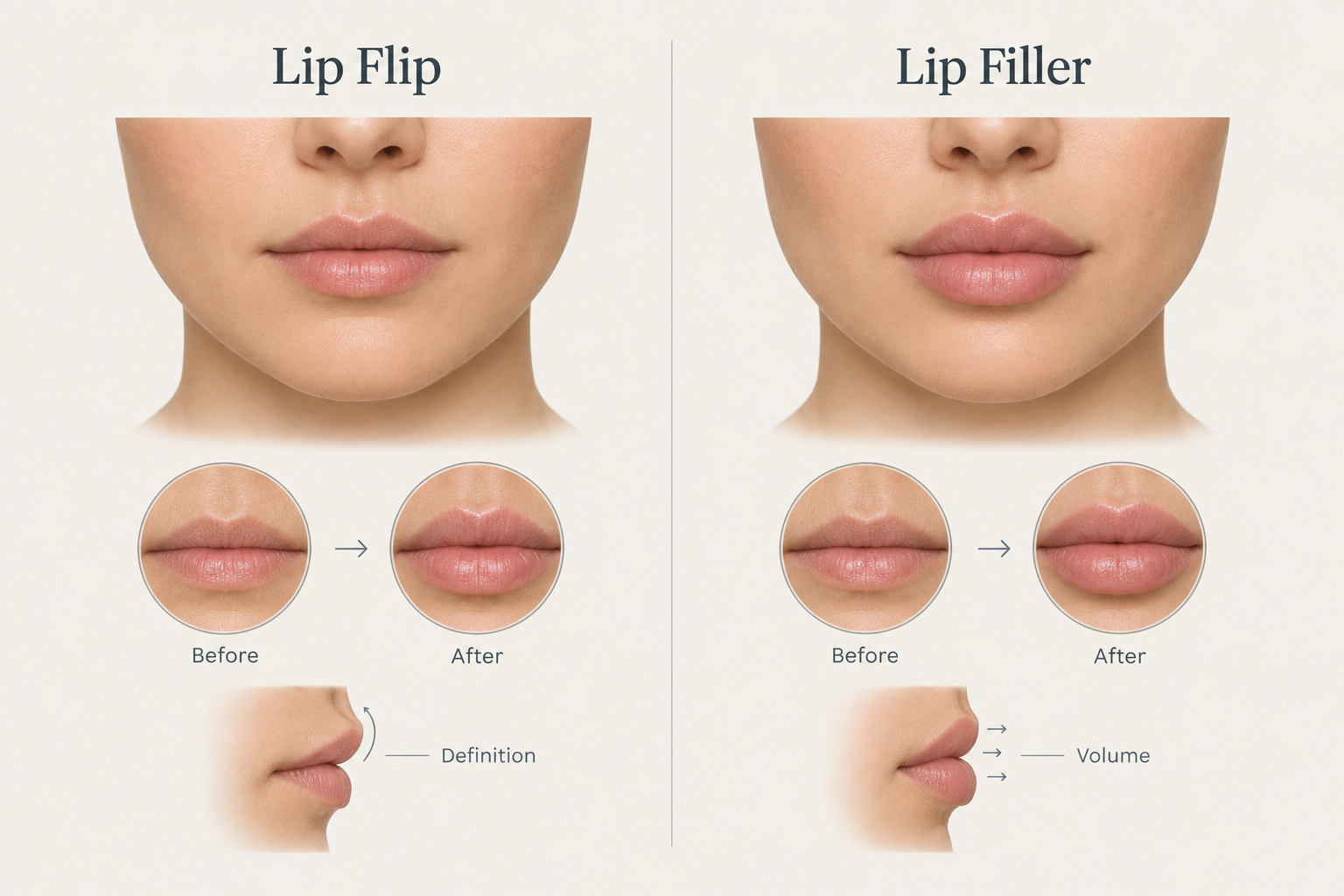 Comparison diagram showing lip flip subtle definition change versus lip filler volume increase