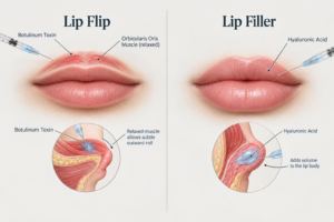 Lip flip vs lip filler comparison illustration showing mechanism of each treatment
