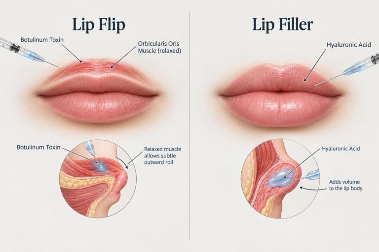 Lip flip vs lip filler comparison illustration showing mechanism of each treatment