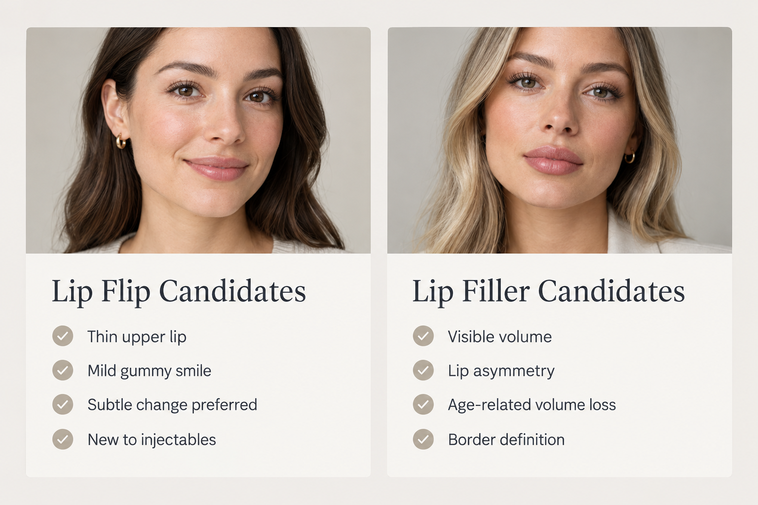 Fact cards showing suitable candidates for lip flip versus lip filler treatment