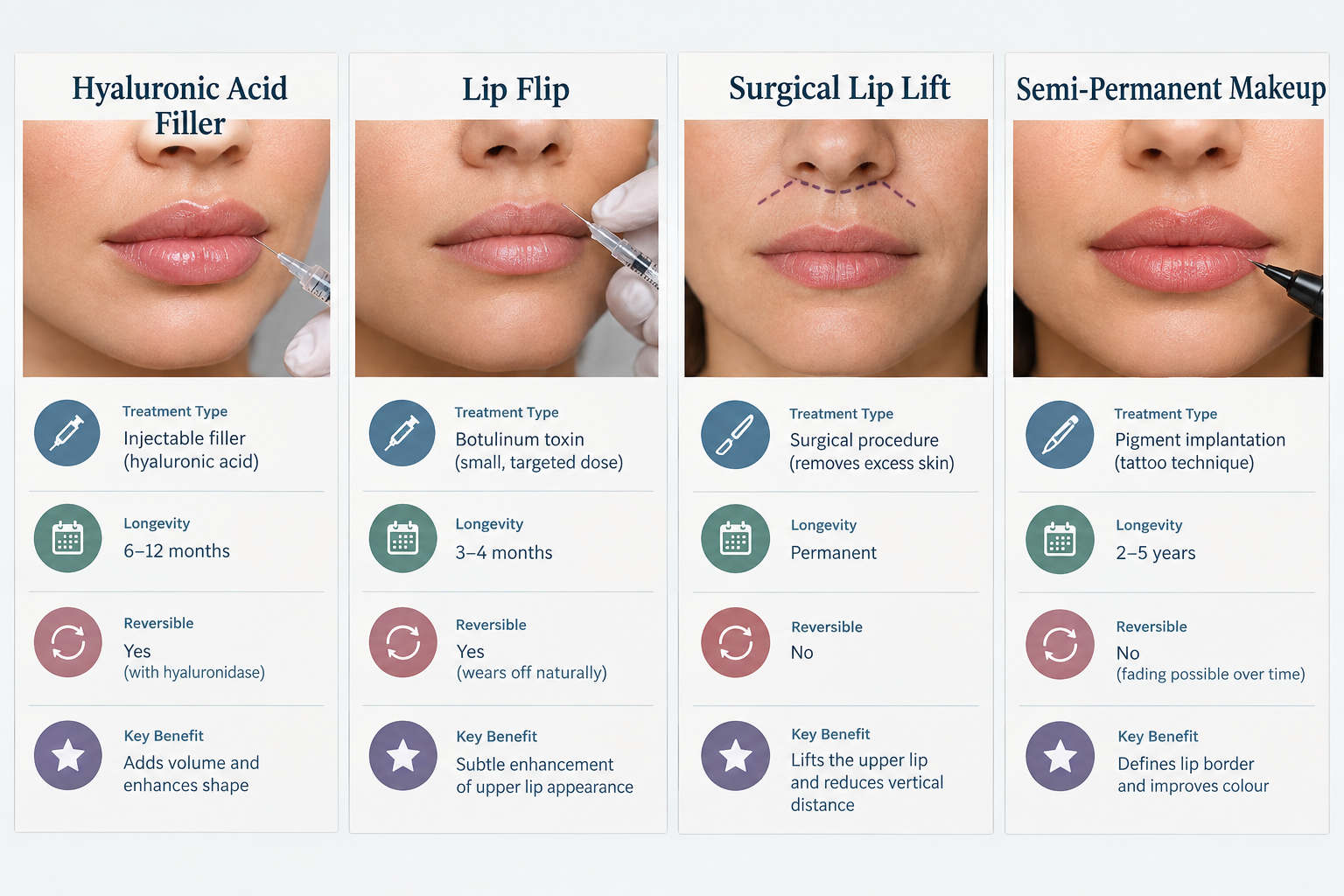 Comparison of lip enhancement options including filler, lip flip, lip lift and semi-permanent makeup