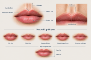 Illustration of different lip shapes and key anatomical features including cupid's bow and