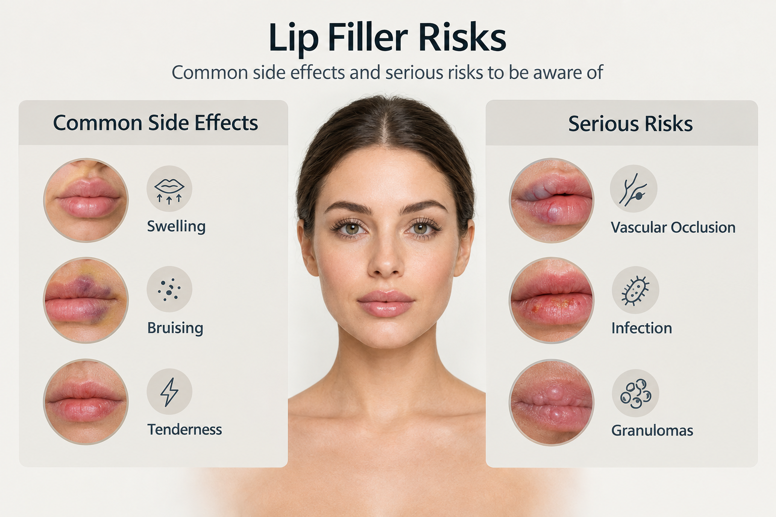 Infographic showing common and serious risks and side effects of lip filler enhancement