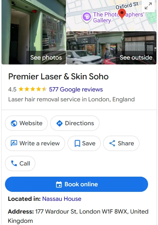 Premier Laser & Skin Soho Google Maps profile 