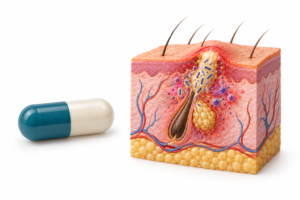 Lymecycline capsule and acne skin cross-section illustration