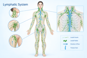 Diagram of the human lymphatic system showing lymph vessels and node locations