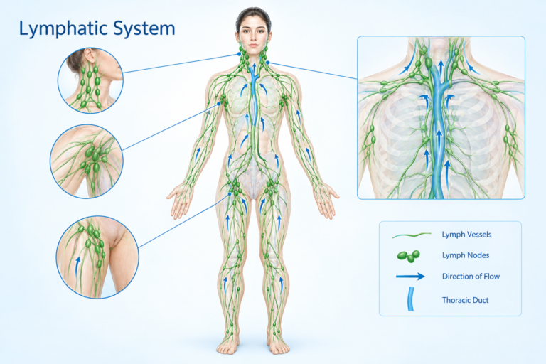 Diagram of the human lymphatic system showing lymph vessels and node locations