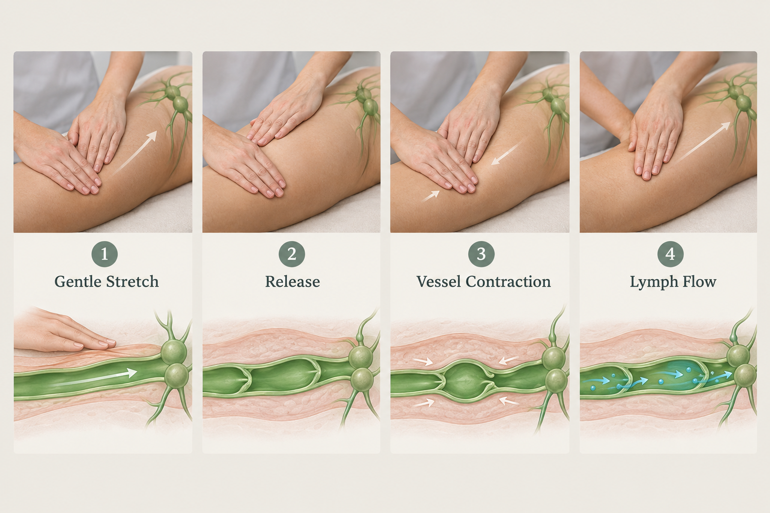 Process diagram showing how manual lymphatic drainage strokes stimulate lymph vessel contractions