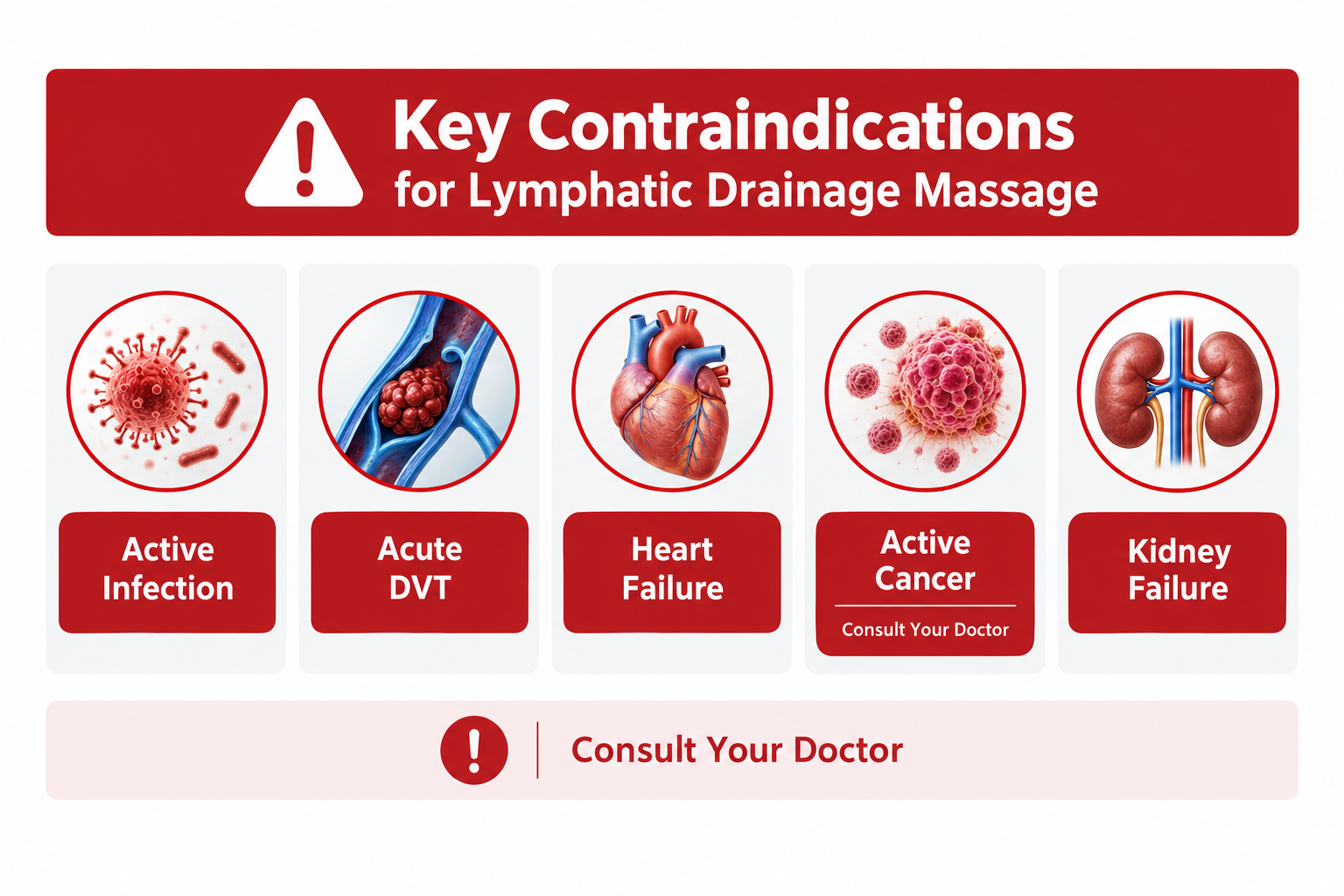 Infographic listing key contraindications for lymphatic drainage massage including DVT and infection