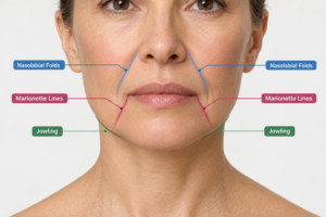 Anatomical illustration showing marionette lines on the lower face with labelled facial folds