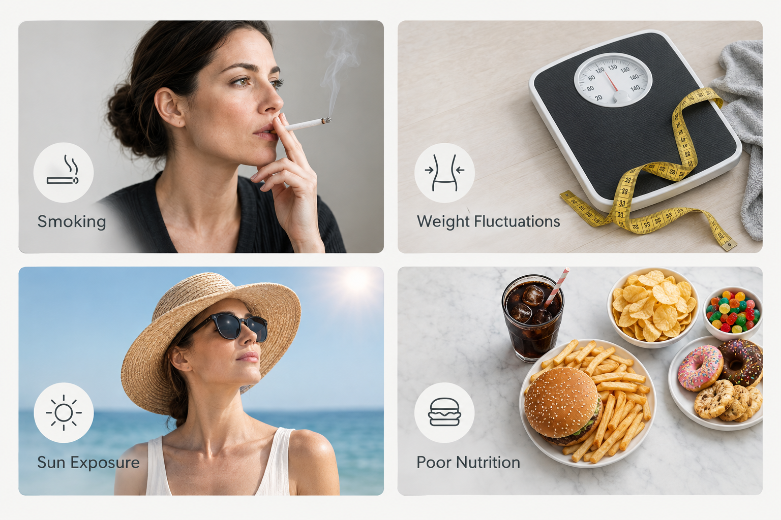Fact cards showing lifestyle factors that accelerate marionette lines including smoking and sun