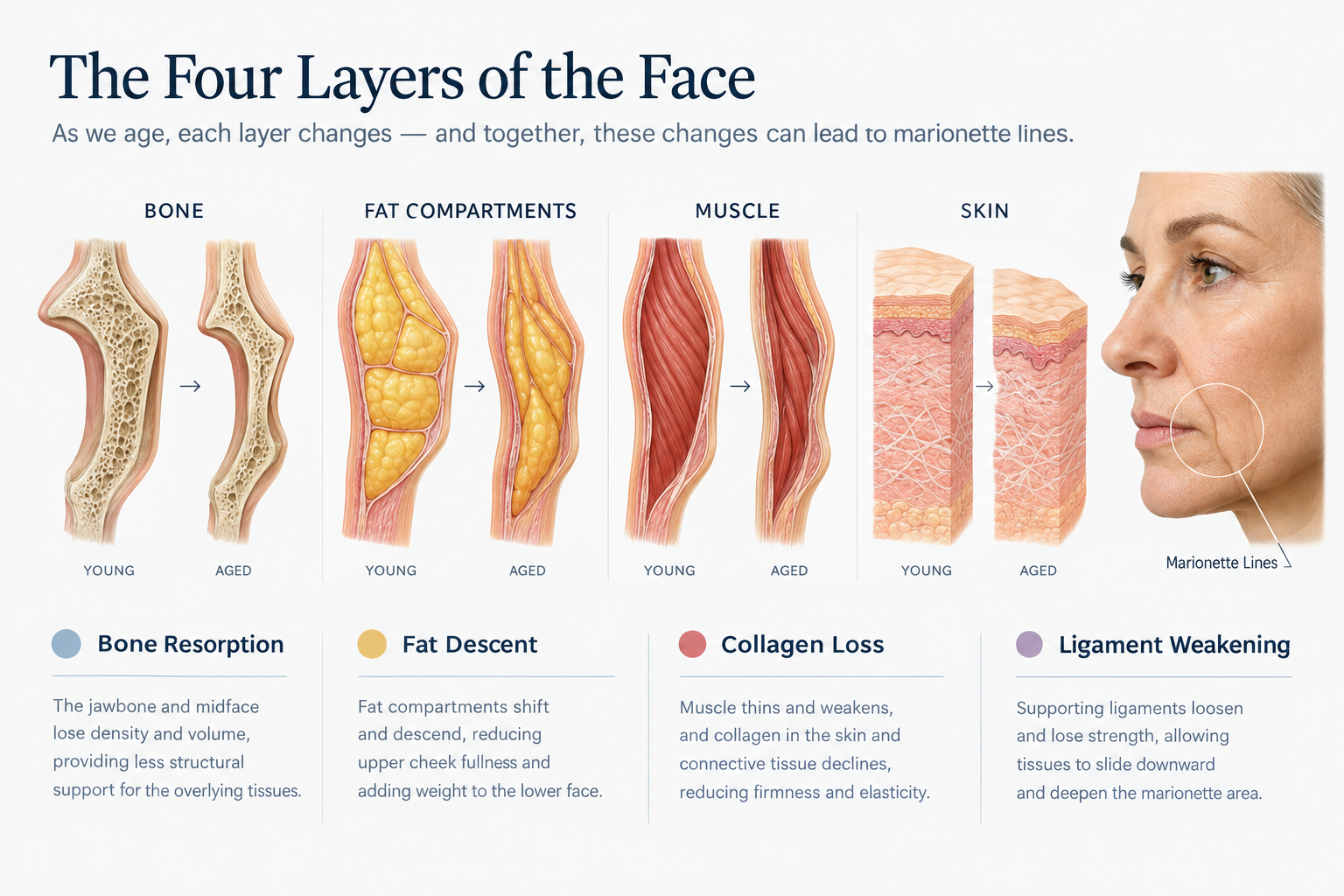 Infographic showing how bone, fat, muscle and skin changes with age cause marionette lines
