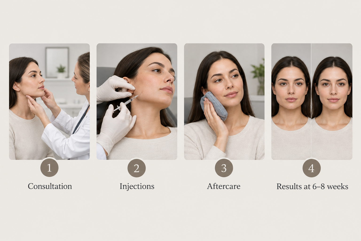 Four-step process diagram showing masseter Botox appointment from consultation to jaw slimming