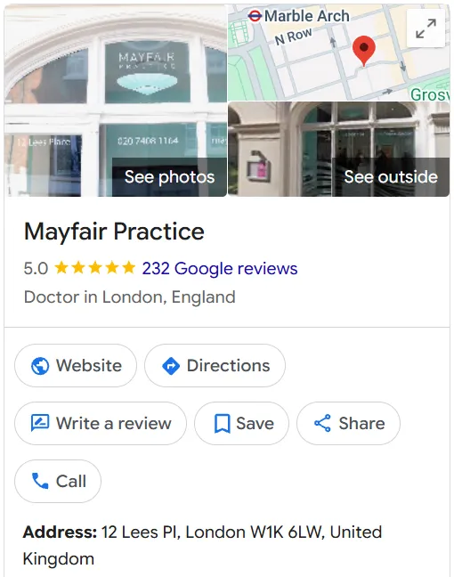Mayfair Practice Google Maps profile