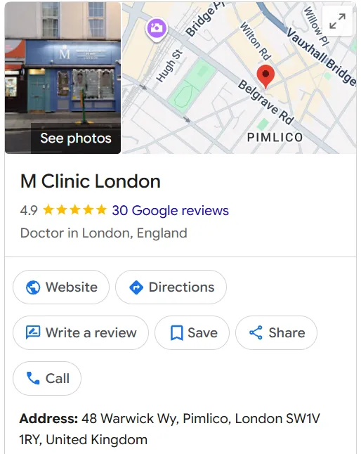 M Clinic London Google Maps profile