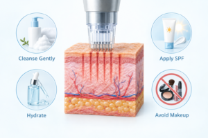 Microneedling aftercare steps illustration showing skin cross-section and key recovery products