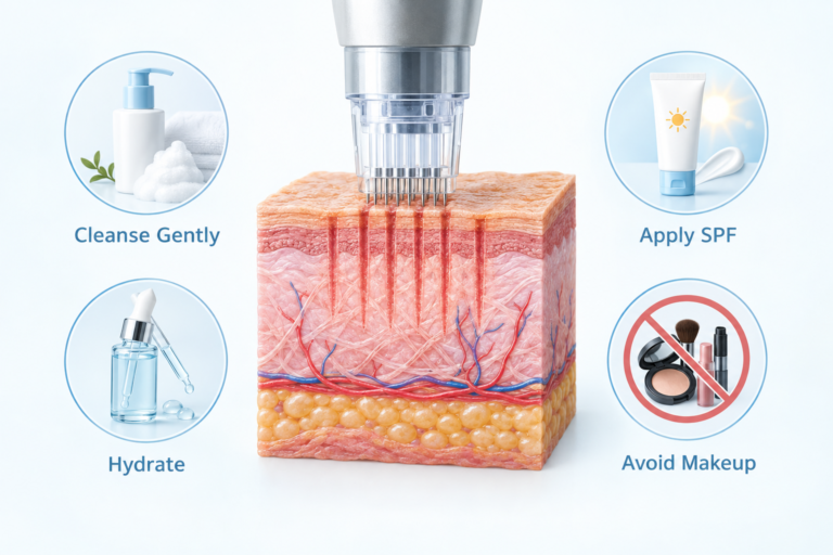 Microneedling aftercare steps illustration showing skin cross-section and key recovery products