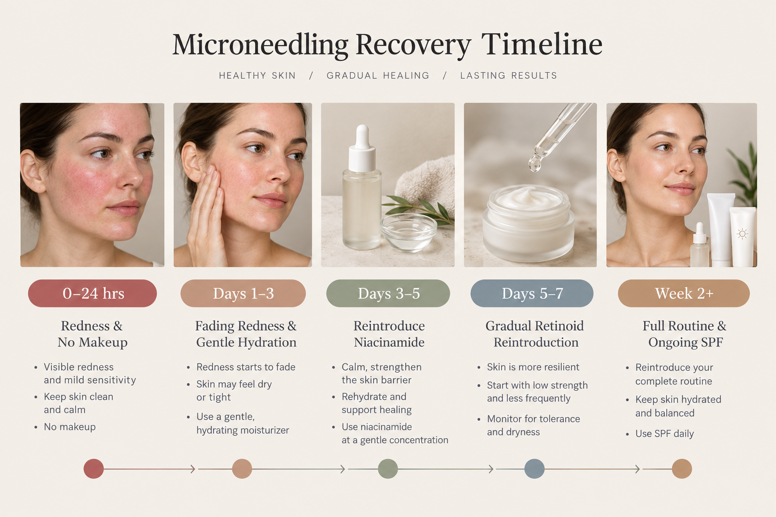 Microneedling recovery timeline infographic from day one to week two