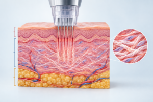 Microneedling facial illustration showing needles stimulating collagen production in skin layers