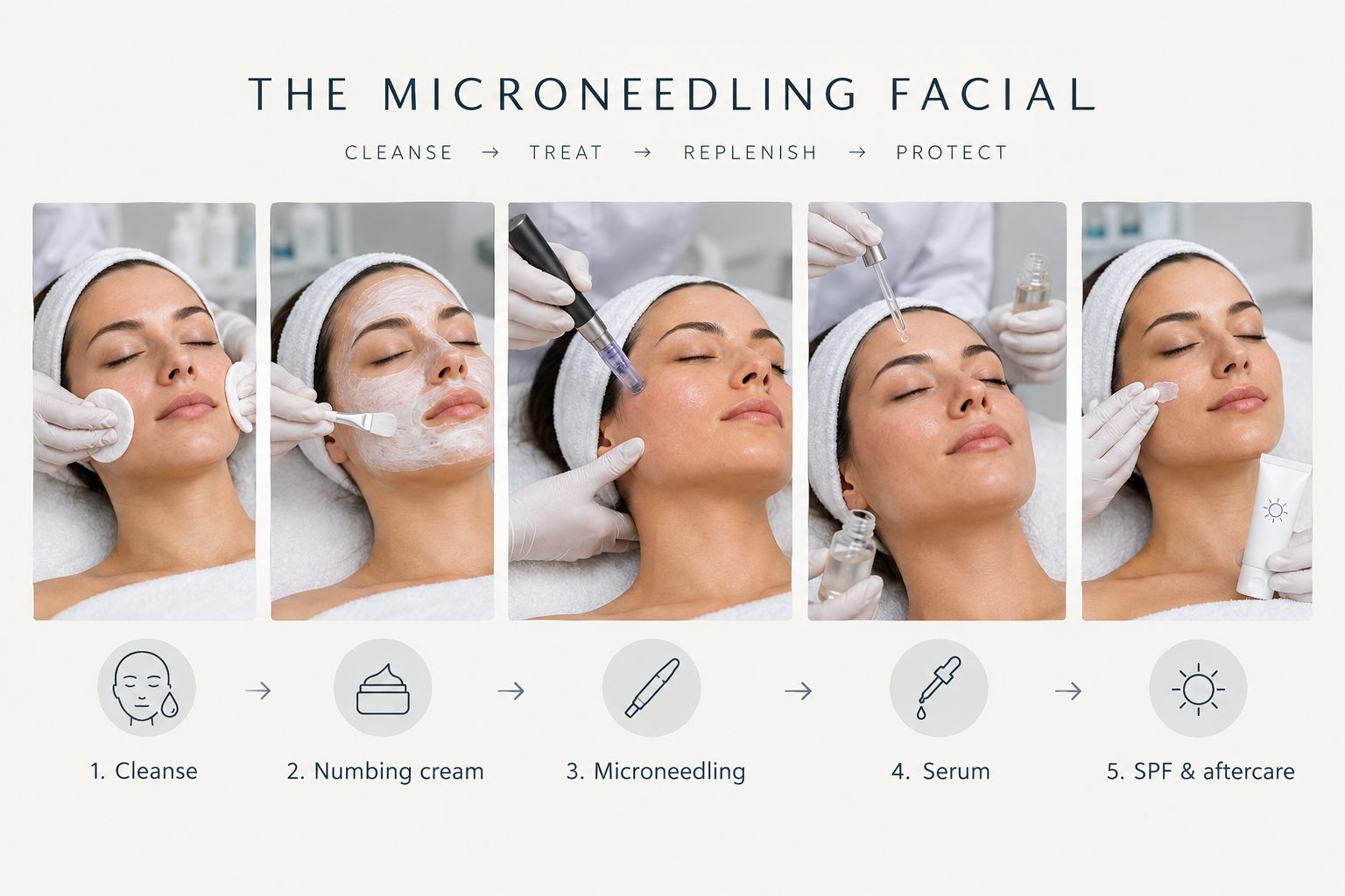 Step-by-step microneedling facial treatment process from cleansing to aftercare