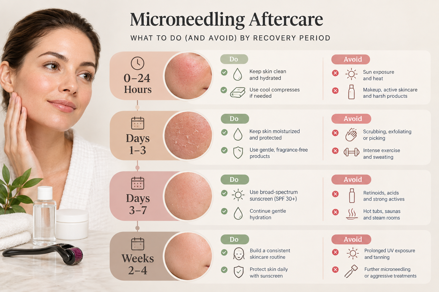 Microneedling aftercare timeline infographic showing what to do and avoid at each recovery stage