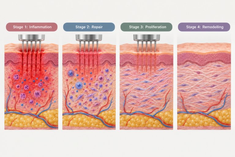 Microneedling healing stages illustrated as four skin cross-section panels showing recovery phases