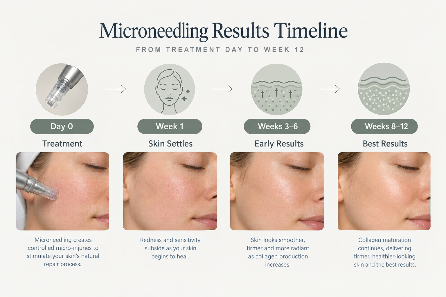 Timeline diagram showing when microneedling results appear from treatment day to twelve weeks