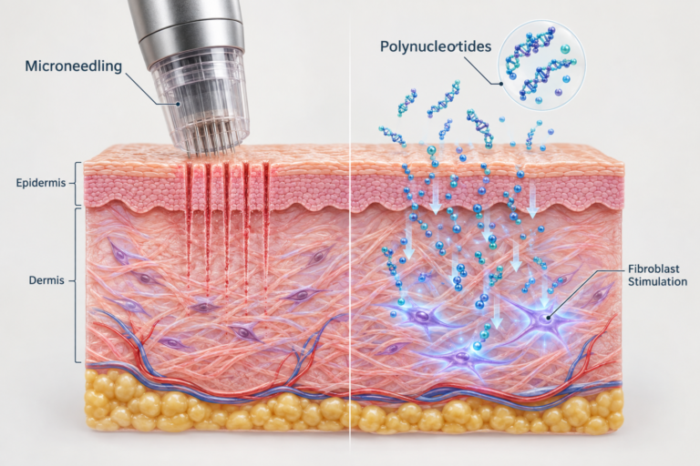 Illustration of microneedling with polynucleotides skin repair combination therapy mechanism