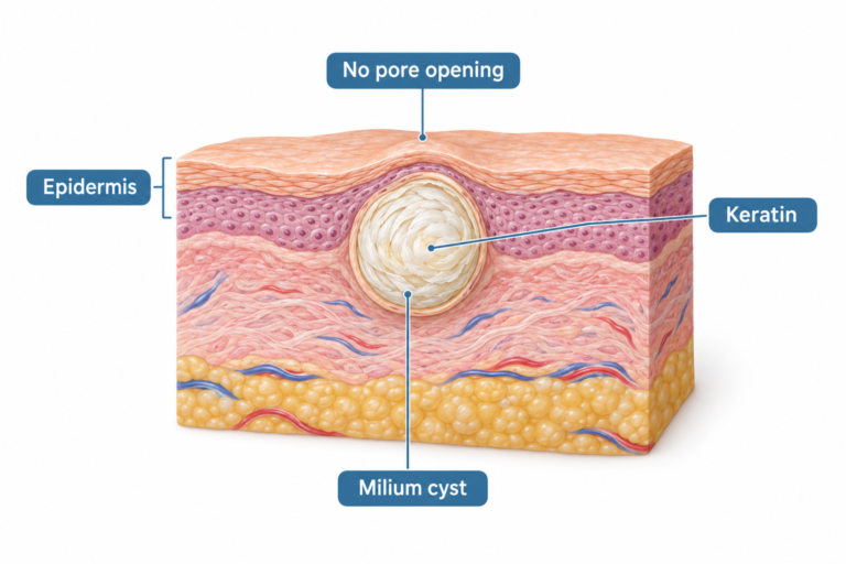 Medical illustration of a milium cyst beneath the skin surface showing trapped keratin