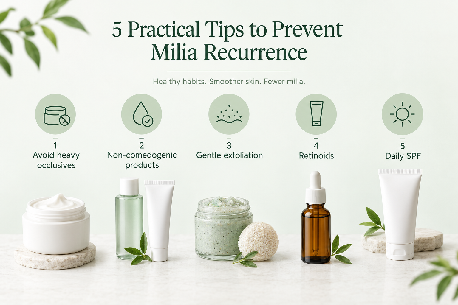 Infographic showing five skincare tips to prevent milia from returning after removal