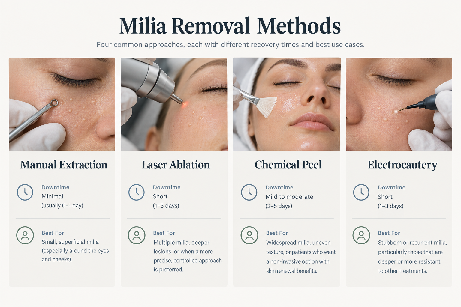 Comparison of four professional milia removal methods showing downtime and suitability