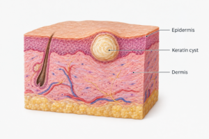 Medical illustration of a milia cyst beneath under-eye skin showing keratin trapped below the