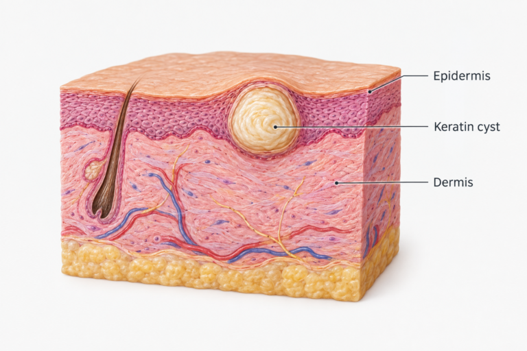 Medical illustration of a milia cyst beneath under-eye skin showing keratin trapped below the