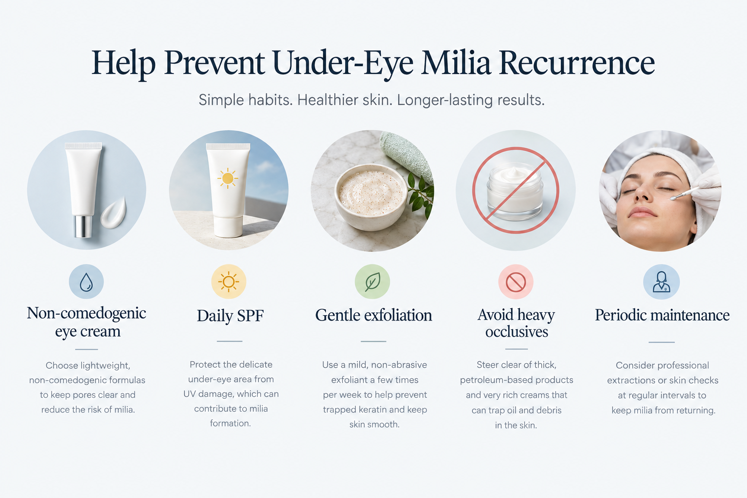 Infographic showing skincare tips to prevent milia under the eyes from returning