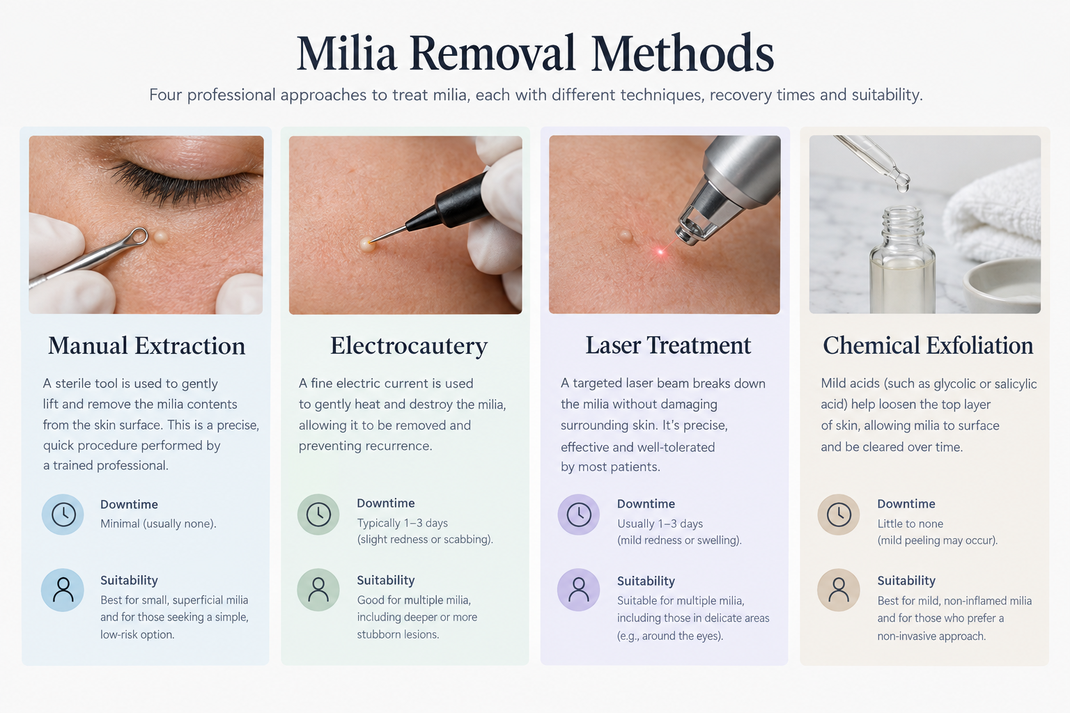 Comparison infographic of four professional milia removal methods with downtime and suitability