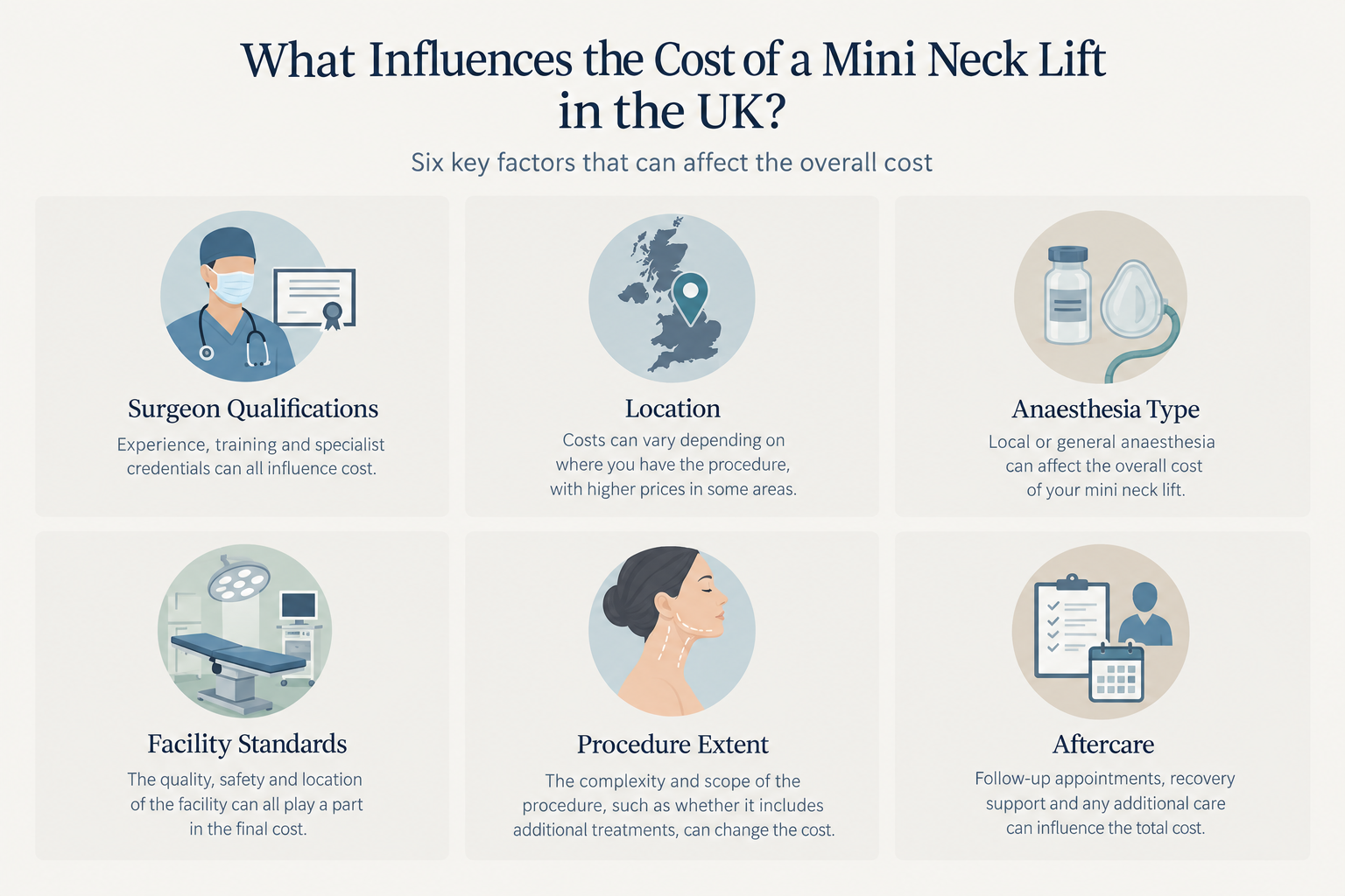 Infographic showing six factors that affect mini neck lift cost in the UK