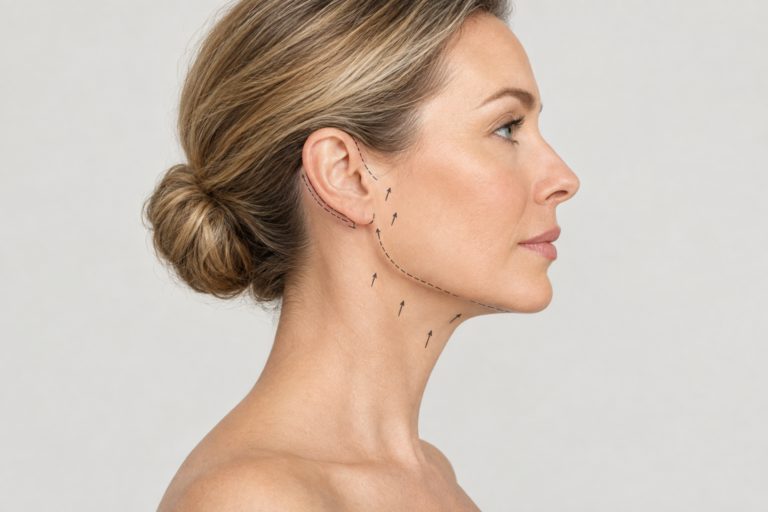 Illustration of mini neck lift incision placement on neck and lower face profile
