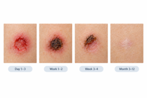 Mole removal healing stages timeline illustration showing wound to scar progression