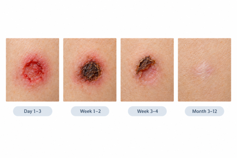 Mole removal healing stages timeline illustration showing wound to scar progression