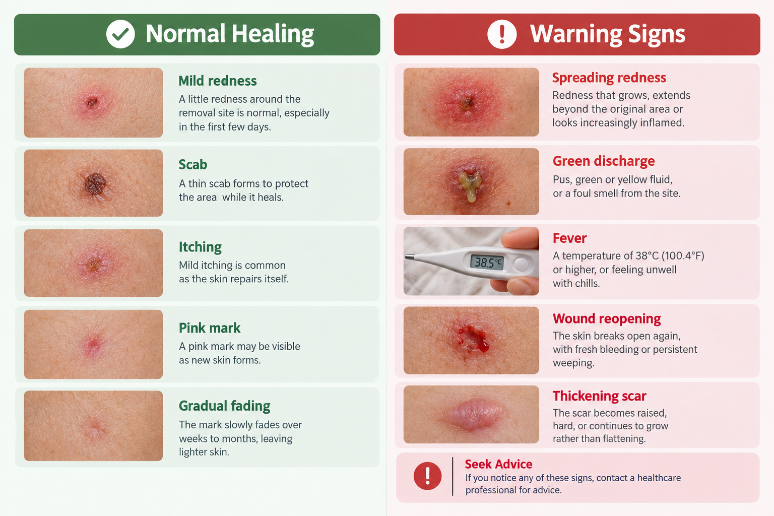 Infographic comparing normal mole removal healing signs versus warning signs requiring medical